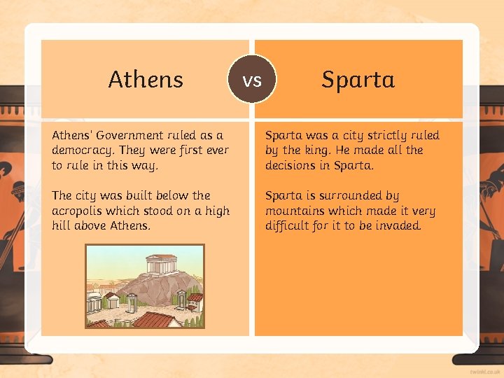 Athens vs Sparta Athens’ Government ruled as a democracy. They were first ever to