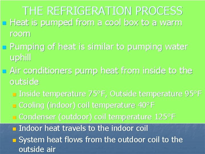 THE REFRIGERATION PROCESS n n n Heat is pumped from a cool box to