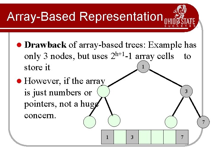 Array-Based Representation l Drawback of array-based trees: Example has only 3 nodes, but uses