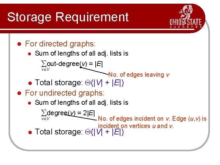 Storage Requirement l For directed graphs: l Sum of lengths of all adj. lists