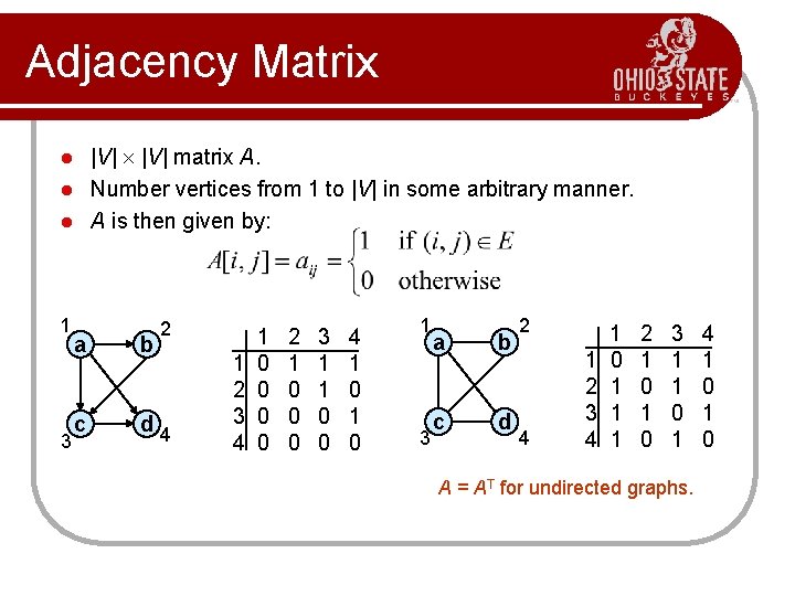 Adjacency Matrix |V| matrix A. l Number vertices from 1 to |V| in some