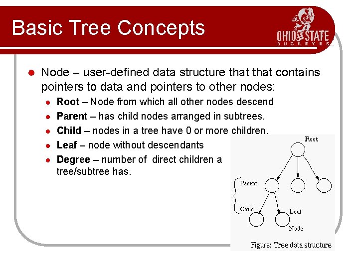 Basic Tree Concepts l Node – user-defined data structure that contains pointers to data