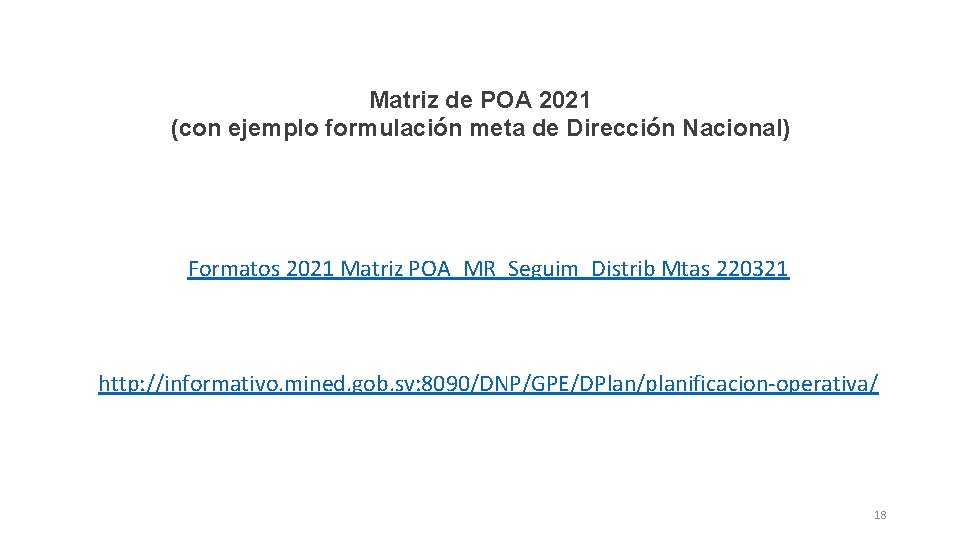 Matriz de POA 2021 (con ejemplo formulación meta de Dirección Nacional) Formatos 2021 Matriz