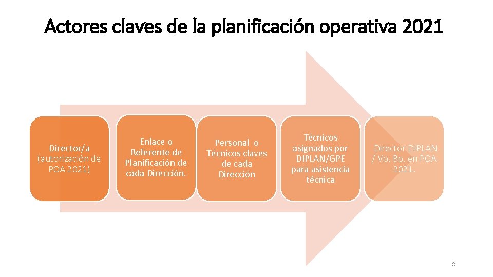 Actores claves de la planificación operativa 2021 Director/a (autorización de POA 2021) Enlace o