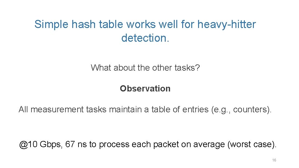 Simple hash table works well for heavy-hitter detection. What about the other tasks? Observation