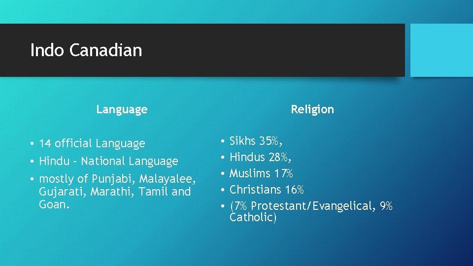 Indo Canadian Religion Language • 14 official Language • Hindu – National Language •