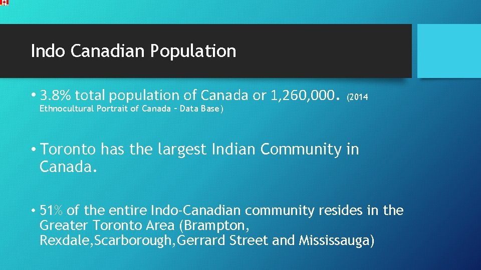 Indo Canadian Population • 3. 8% total population of Canada or 1, 260, 000.