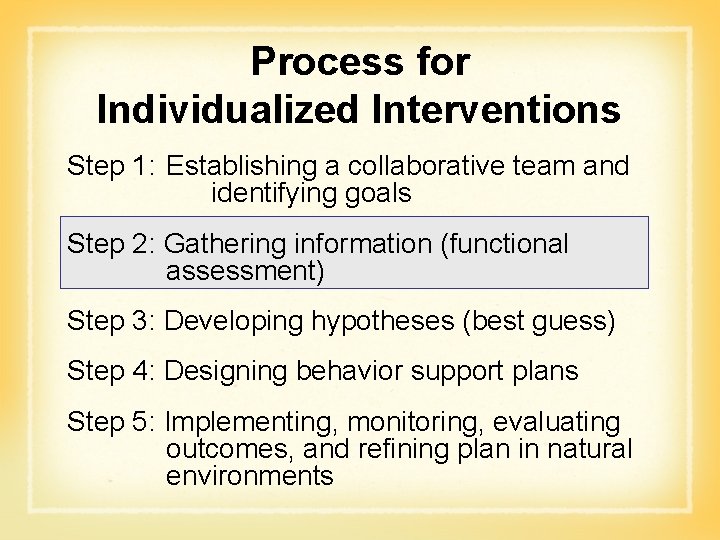 Process for Individualized Interventions Step 1: Establishing a collaborative team and identifying goals Step