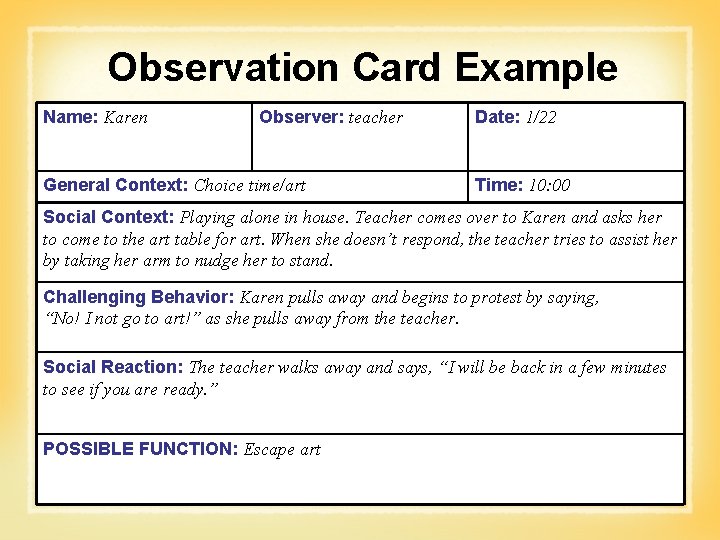 Observation Card Example Name: Karen Observer: teacher General Context: Choice time/art Date: 1/22 Time: