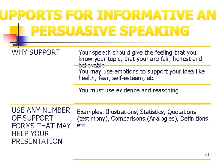 UPPORTS FOR INFORMATIVE AN PERSUASIVE SPEAKING WHY SUPPORT Your speech should give the feeling