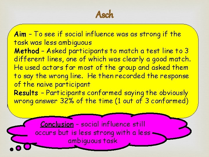 Asch Aim – To see if social influence was as strong if the task