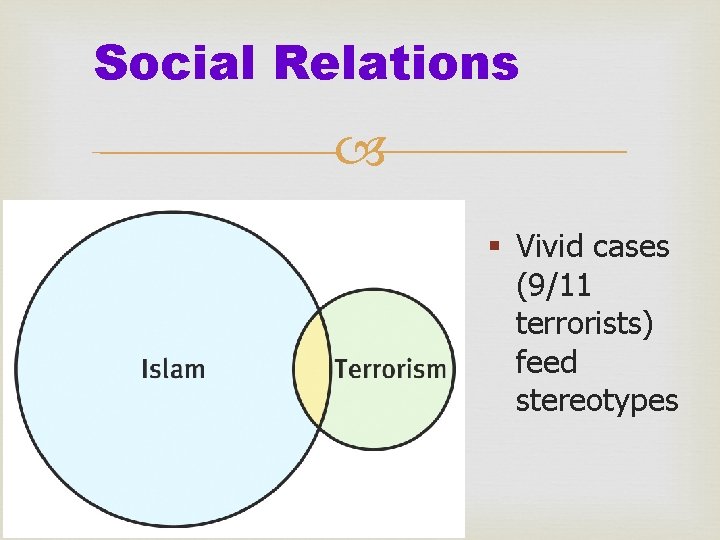 Social Relations § Vivid cases (9/11 terrorists) feed stereotypes 