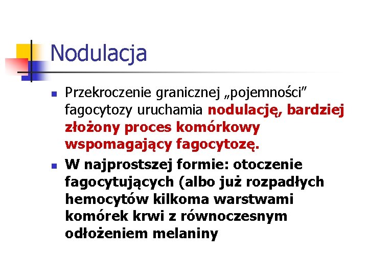 Nodulacja n n Przekroczenie granicznej „pojemności” fagocytozy uruchamia nodulację, bardziej złożony proces komórkowy wspomagający