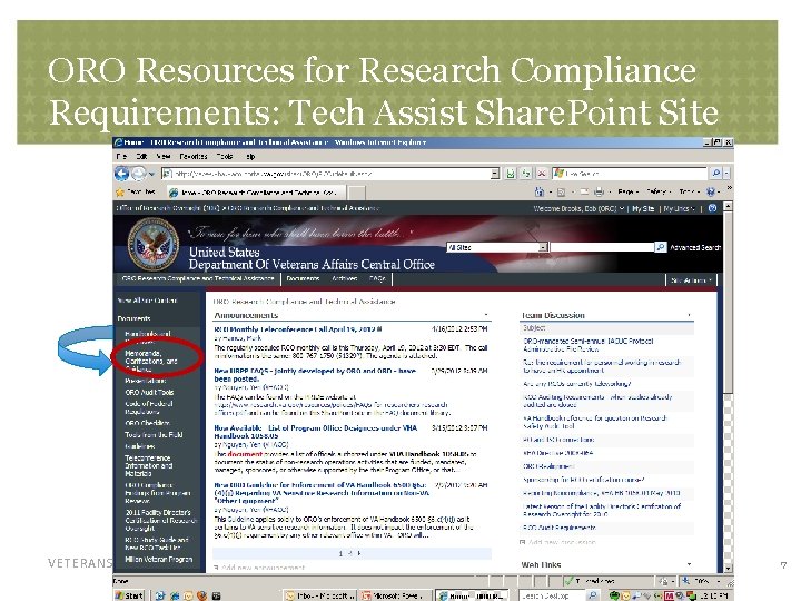ORO Resources for Research Compliance Requirements: Tech Assist Share. Point Site VETERANS HEALTH ADMINISTRATION