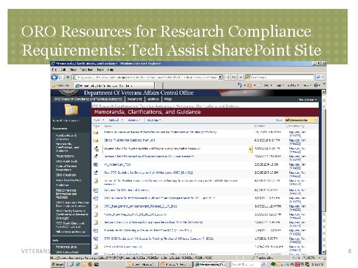 ORO Resources for Research Compliance Requirements: Tech Assist Share. Point Site VETERANS HEALTH ADMINISTRATION
