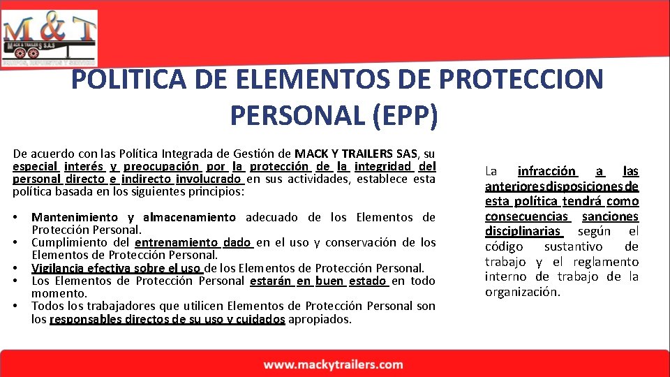 POLITICA DE ELEMENTOS DE PROTECCION PERSONAL (EPP) De acuerdo con las Política Integrada de