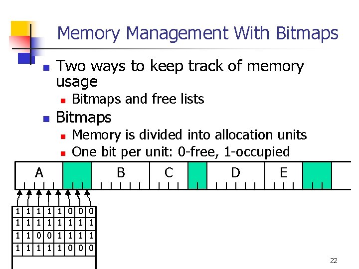 Memory Management With Bitmaps n Two ways to keep track of memory usage n