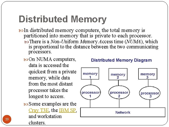 Distributed Memory In distributed memory computers, the total memory is partitioned into memory that