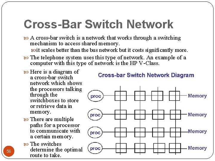 Cross-Bar Switch Network A cross-bar switch is a network that works through a switching