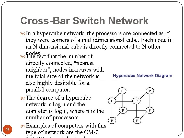 Cross-Bar Switch Network In a hypercube network, the processors are connected as if 57