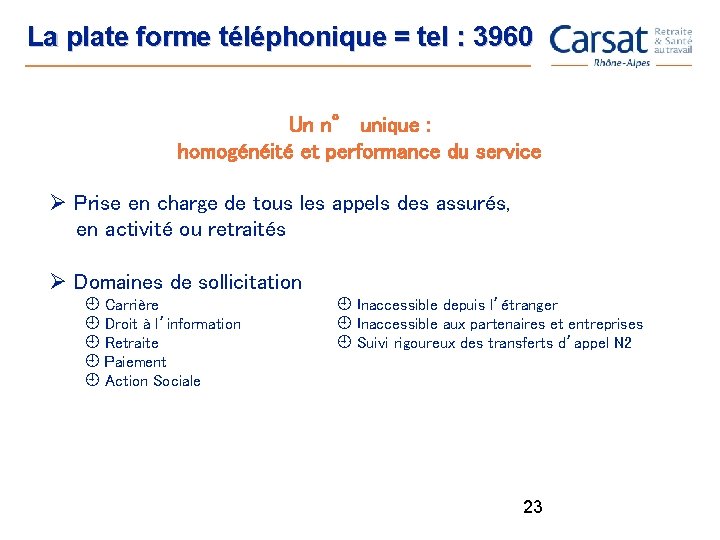 La plate forme téléphonique = tel : 3960 Un n° unique : homogénéité et