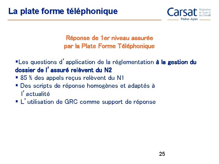 La plate forme téléphonique Réponse de 1 er niveau assurée par la Plate Forme