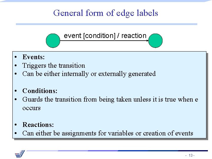General form of edge labels event [condition] / reaction • Events: • Triggers the