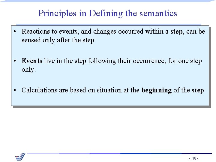 Principles in Defining the semantics • Reactions to events, and changes occurred within a