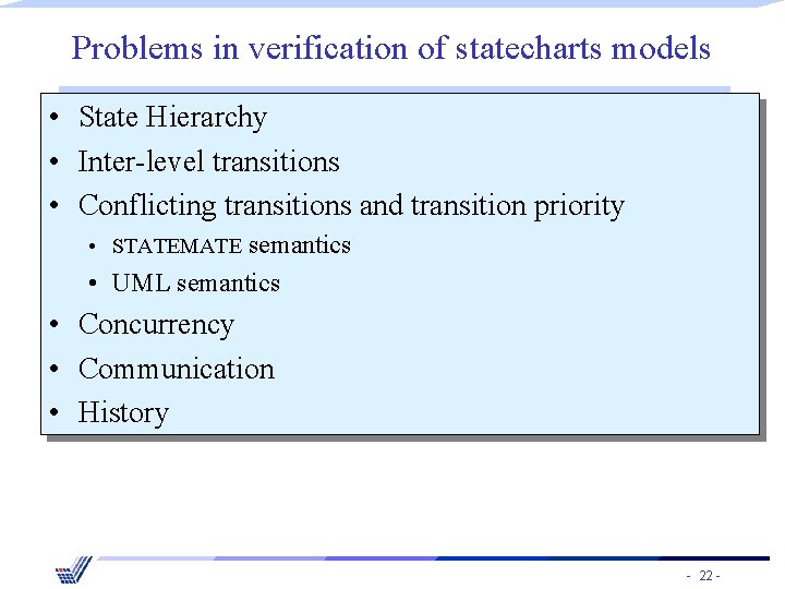 Problems in verification of statecharts models • State Hierarchy • Inter-level transitions • Conflicting