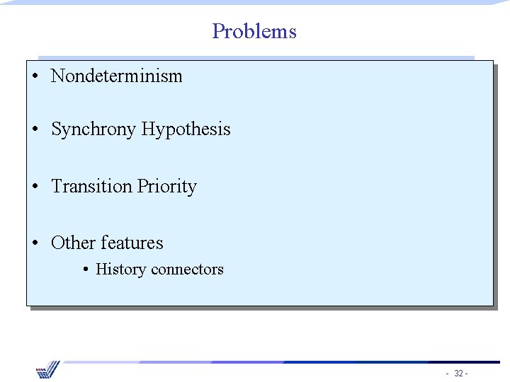 Problems • Nondeterminism • Synchrony Hypothesis • Transition Priority • Other features • History