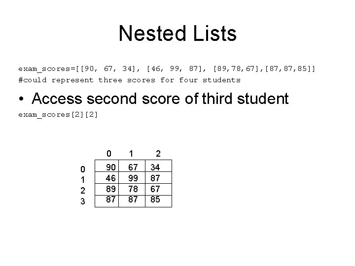 Nested Lists exam_scores=[[90, 67, 34], [46, 99, 87], [89, 78, 67], [87, 85]] #could