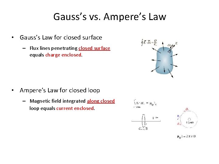 Gauss’s vs. Ampere’s Law • Gauss’s Law for closed surface – Flux lines penetrating