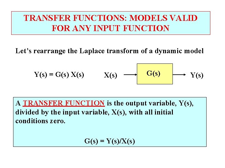 TRANSFER FUNCTIONS: MODELS VALID FOR ANY INPUT FUNCTION Let’s rearrange the Laplace transform of