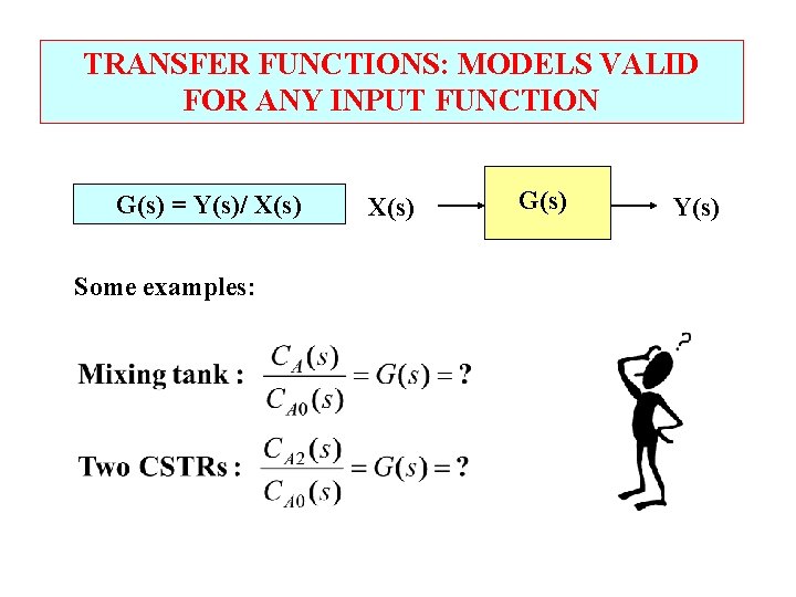 TRANSFER FUNCTIONS: MODELS VALID FOR ANY INPUT FUNCTION G(s) = Y(s)/ X(s) Some examples: