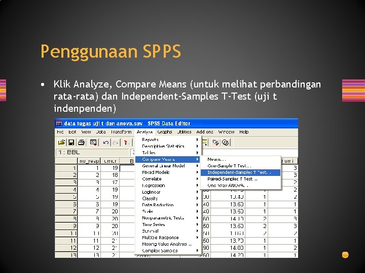 Penggunaan SPPS • Klik Analyze, Compare Means (untuk melihat perbandingan rata-rata) dan Independent-Samples T-Test