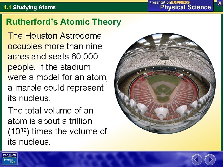 4. 1 Studying Atoms Rutherford’s Atomic Theory The Houston Astrodome occupies more than nine