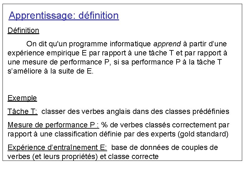 Apprentissage: définition Définition On dit qu'un programme informatique apprend à partir d’une expérience empirique