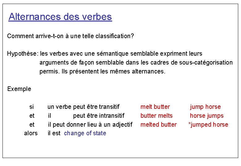 Alternances des verbes Comment arrive-t-on à une telle classification? Hypothèse: les verbes avec une