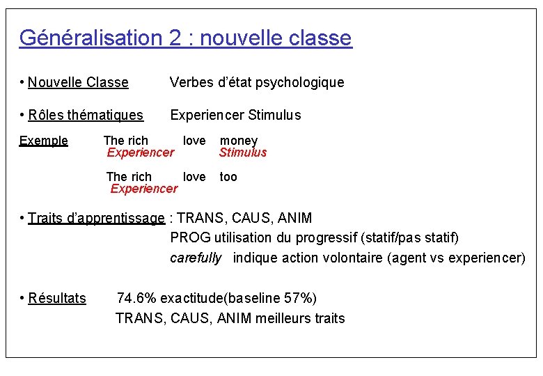 Généralisation 2 : nouvelle classe • Nouvelle Classe Verbes d’état psychologique • Rôles thématiques