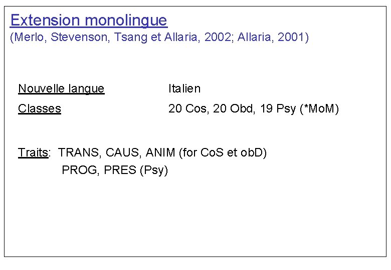 Extension monolingue (Merlo, Stevenson, Tsang et Allaria, 2002; Allaria, 2001) Nouvelle langue Italien Classes