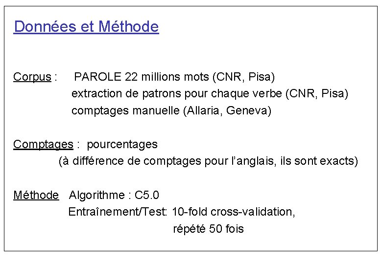 Données et Méthode Corpus : PAROLE 22 millions mots (CNR, Pisa) extraction de patrons