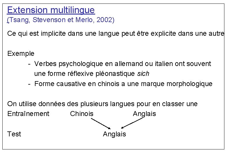Extension multilingue (Tsang, Stevenson et Merlo, 2002) Ce qui est implicite dans une langue
