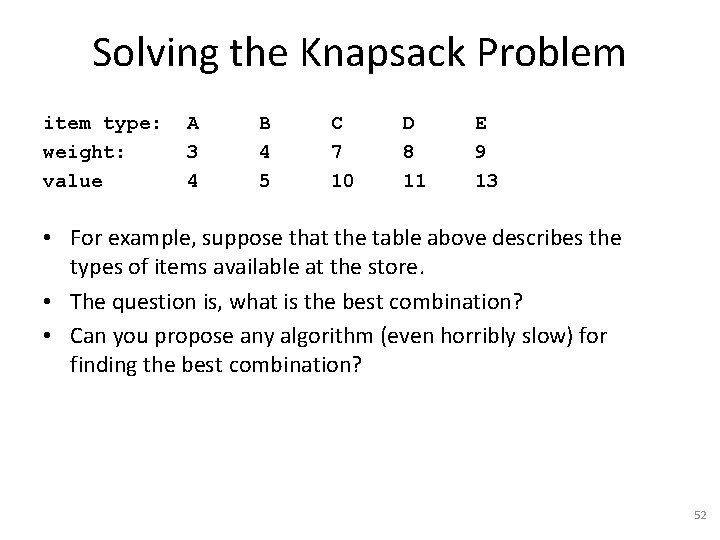Solving the Knapsack Problem item type: weight: value A 3 4 B 4 5