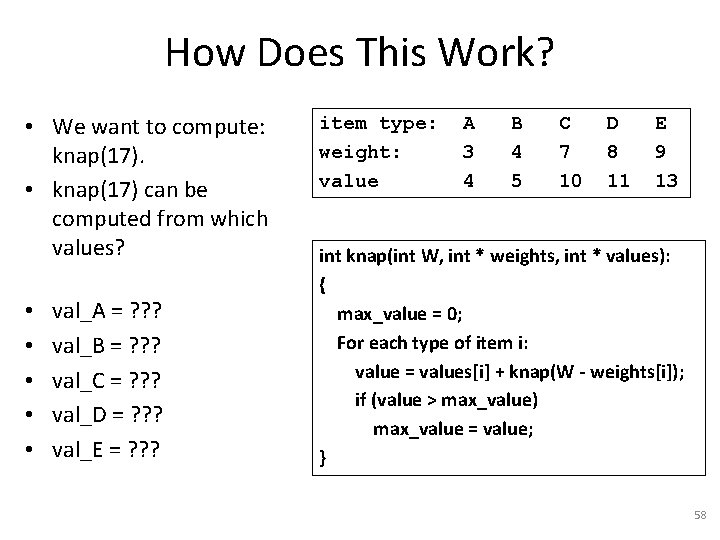 How Does This Work? • We want to compute: knap(17). • knap(17) can be