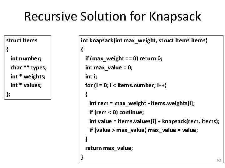 Recursive Solution for Knapsack struct Items { int number; char ** types; int *