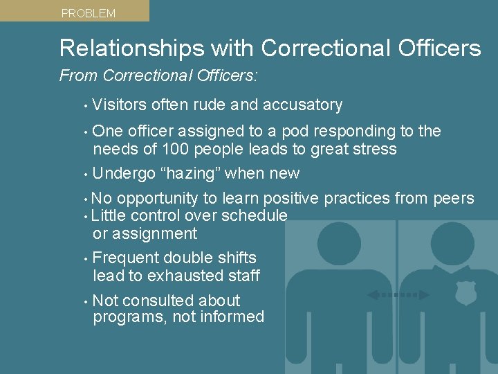 PROBLEM Relationships with Correctional Officers From Correctional Officers: • Visitors often rude and accusatory