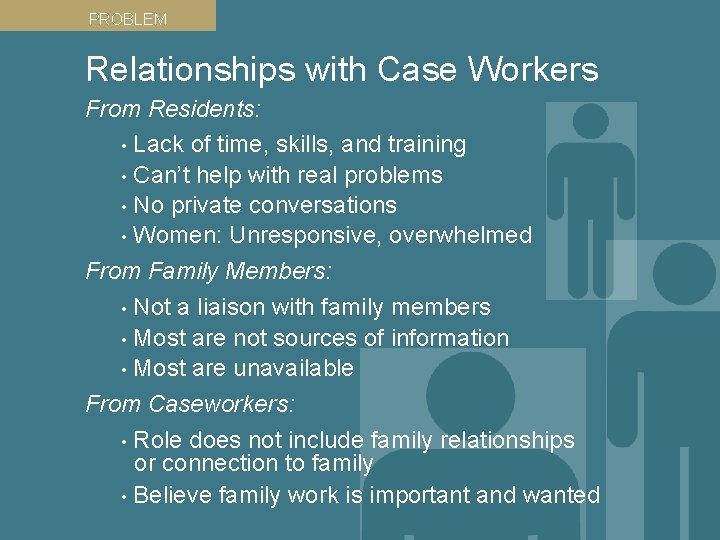 PROBLEM Relationships with Case Workers From Residents: • Lack of time, skills, and training