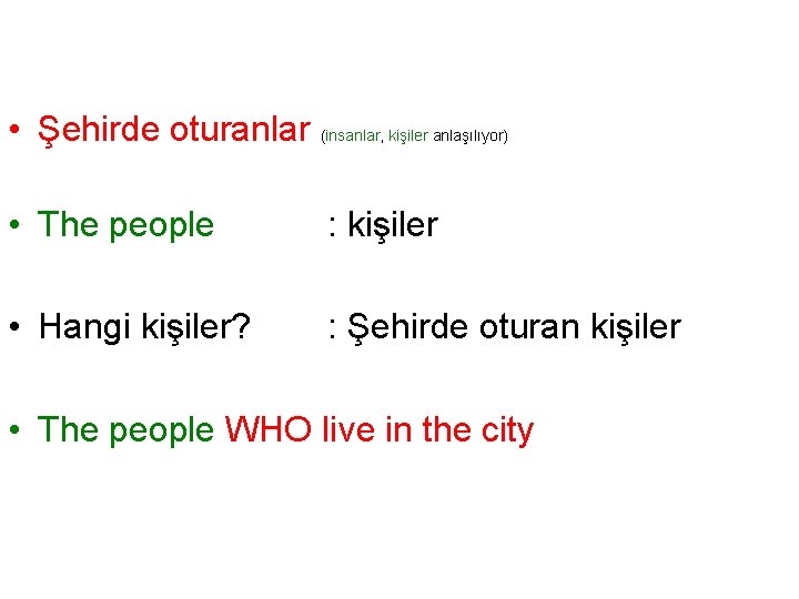  • Şehirde oturanlar (insanlar, kişiler anlaşılıyor) • The people : kişiler • Hangi