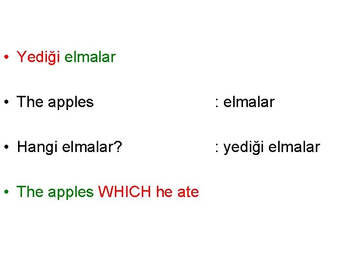  • Yediği elmalar • The apples : elmalar • Hangi elmalar? : yediği
