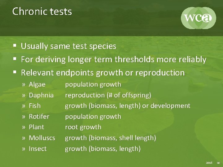 Chronic tests § Usually same test species § For deriving longer term thresholds more